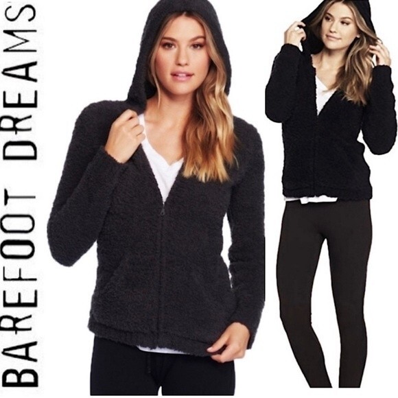 Barefoot Dreams Tops - Barefoot Dreams CozyChic Relaxed Zip Up Pocket Hoodie Fuzzy Jacket Black 515 M
